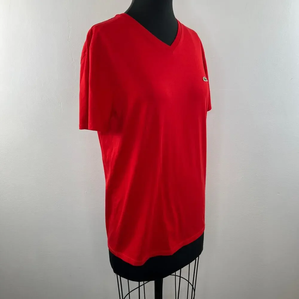 LACOSTE Red Pima Cotton V-Neckline Short Sleeve Embroidered Logo T-Shirt Size M